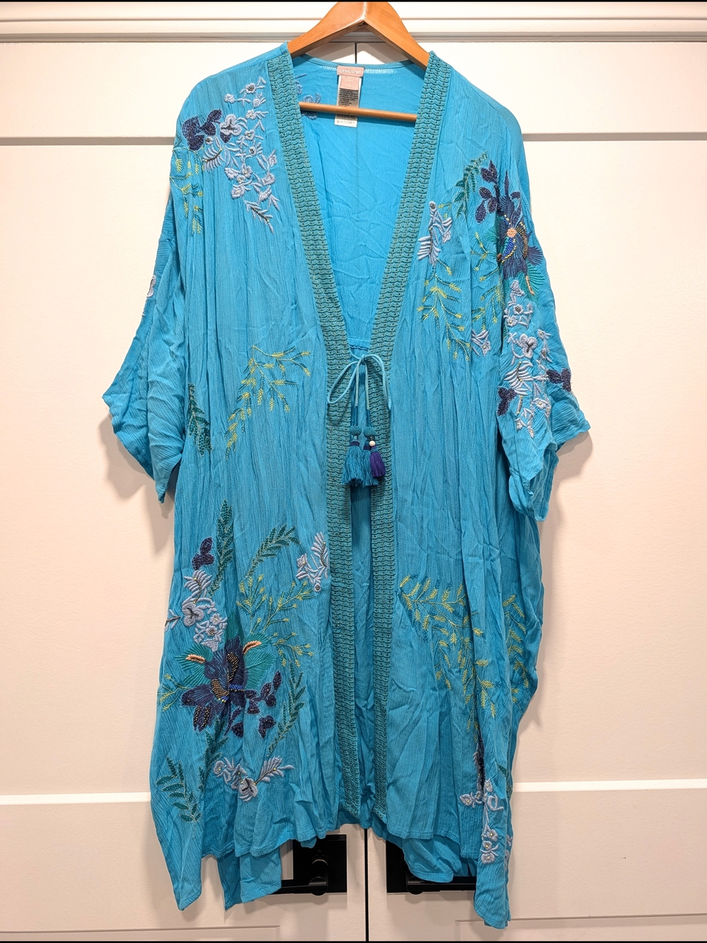 CHICO'S Ruana Floral Embroidered Tasseled Teal Open-Front Kimono Beach Cover-up